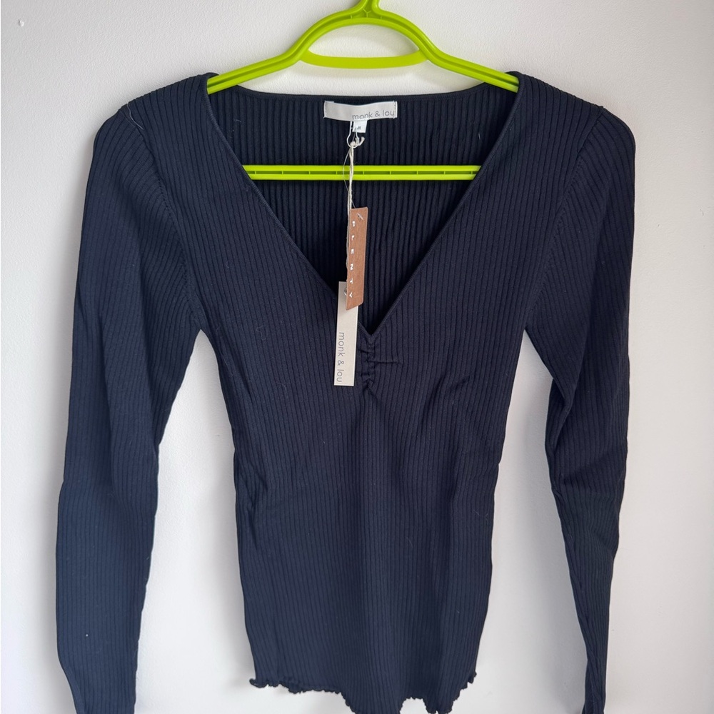 Blue Ribbed V-Neck Long Sleeve Blouse